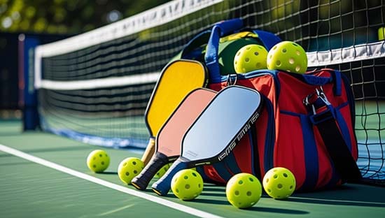 Pickleball Netz mit Schlägern, Bällen und Sporttasche Pickleball Netz mit Pickleball Zubehör , zwei Pickleball Schlägern, gelben Löcherbällen und einer Sporttasche auf einem Spielfeld