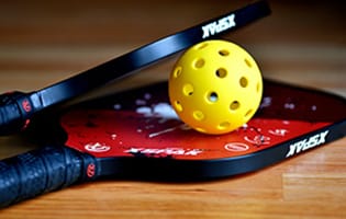 Zwei Pickleball Schläger und ein gelochter Ball in Nahaufnahme – perfekte Ausrüstung zum Pickleball lernen.